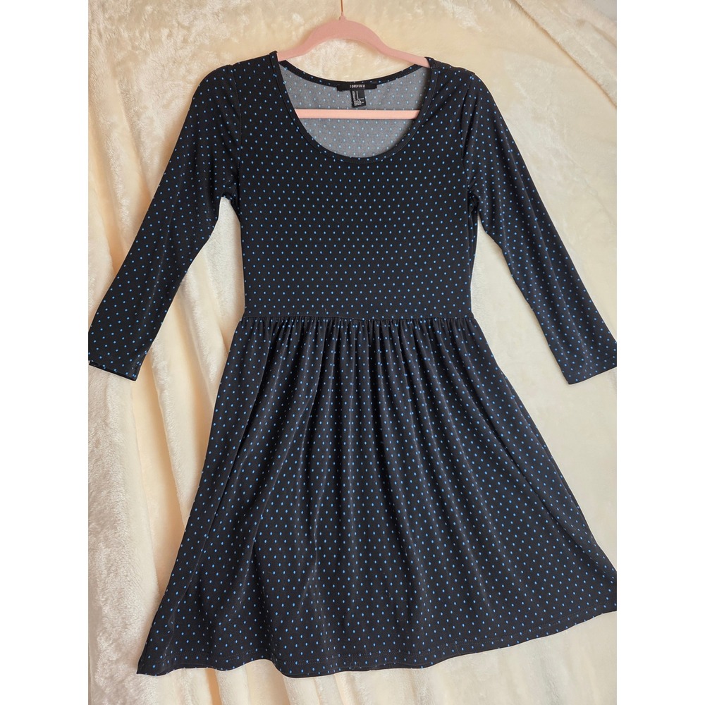 Forever 21 Black Blue Polka Dot Fit and Flare Dress Womens Size S